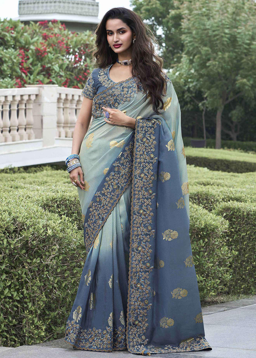 Buy Now Blue Viscose Silk Embroidered Designer Wedding Saree Online in USA, UK, France, Germany, UAE, Canada & Worldwide at Empress Clothing.