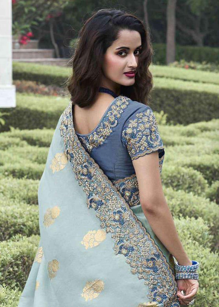 Buy Now Blue Viscose Silk Embroidered Designer Wedding Saree Online in USA, UK, France, Germany, UAE, Canada & Worldwide at Empress Clothing.