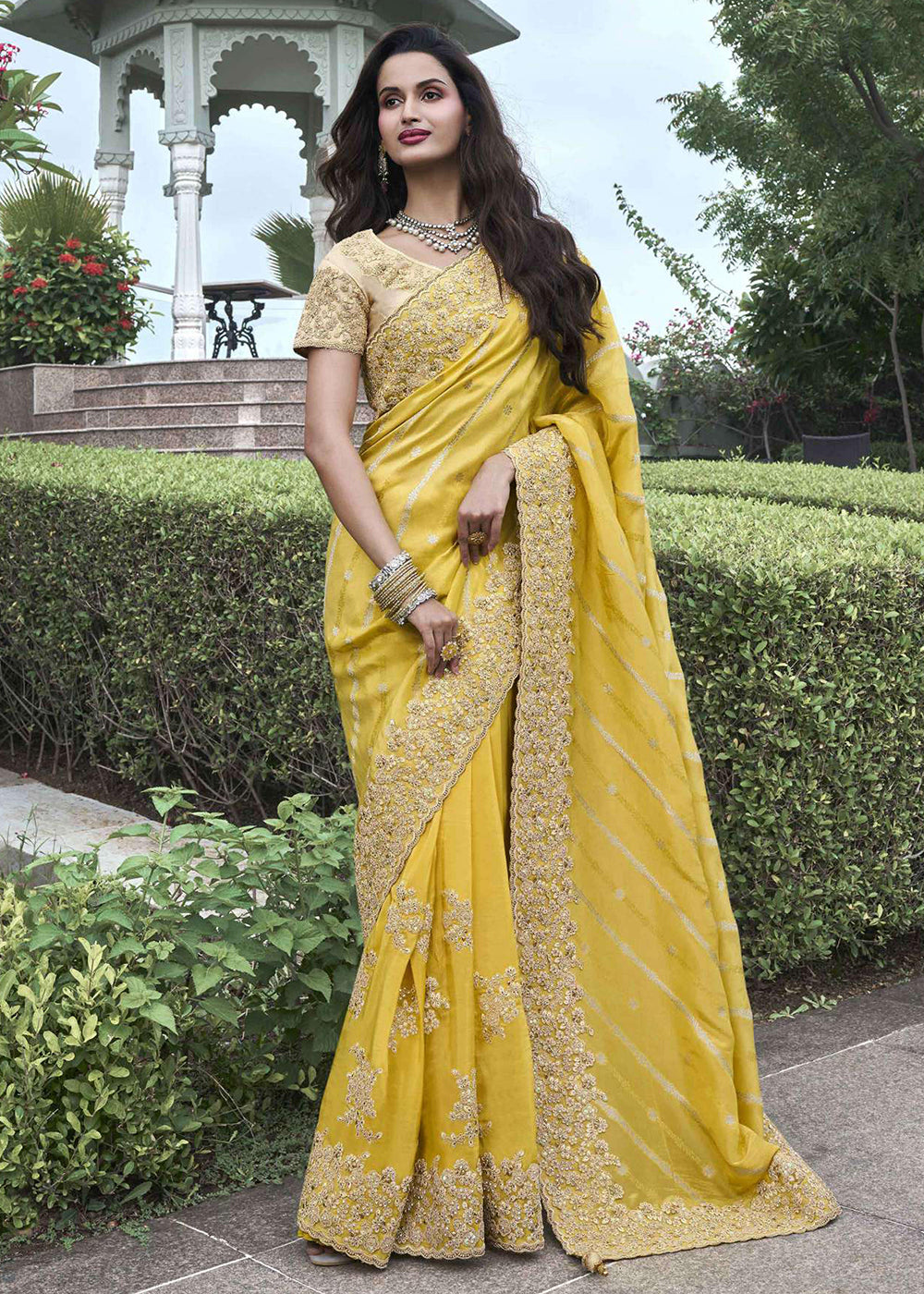 Buy Now Yellow Viscose Silk Embroidered Designer Wedding Saree Online in USA, UK, France, Germany, UAE, Canada & Worldwide at Empress Clothing.