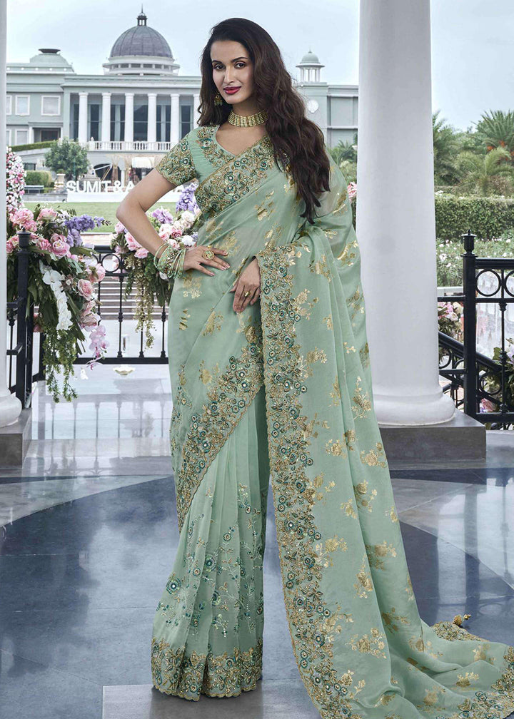 Buy Now Green Viscose Silk Embroidered Designer Wedding Saree Online in USA, UK, France, Germany, UAE, Canada & Worldwide at Empress Clothing.