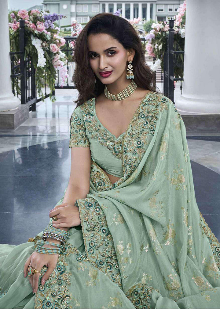 Buy Now Green Viscose Silk Embroidered Designer Wedding Saree Online in USA, UK, France, Germany, UAE, Canada & Worldwide at Empress Clothing.