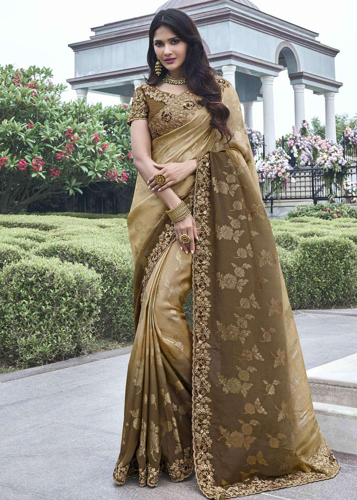 Buy Now Brown Viscose Silk Embroidered Designer Wedding Saree Online in USA, UK, France, Germany, UAE, Canada & Worldwide at Empress Clothing. 