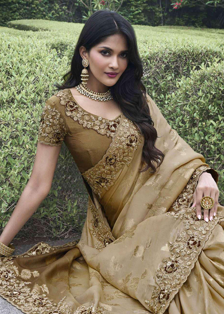 Buy Now Brown Viscose Silk Embroidered Designer Wedding Saree Online in USA, UK, France, Germany, UAE, Canada & Worldwide at Empress Clothing. 