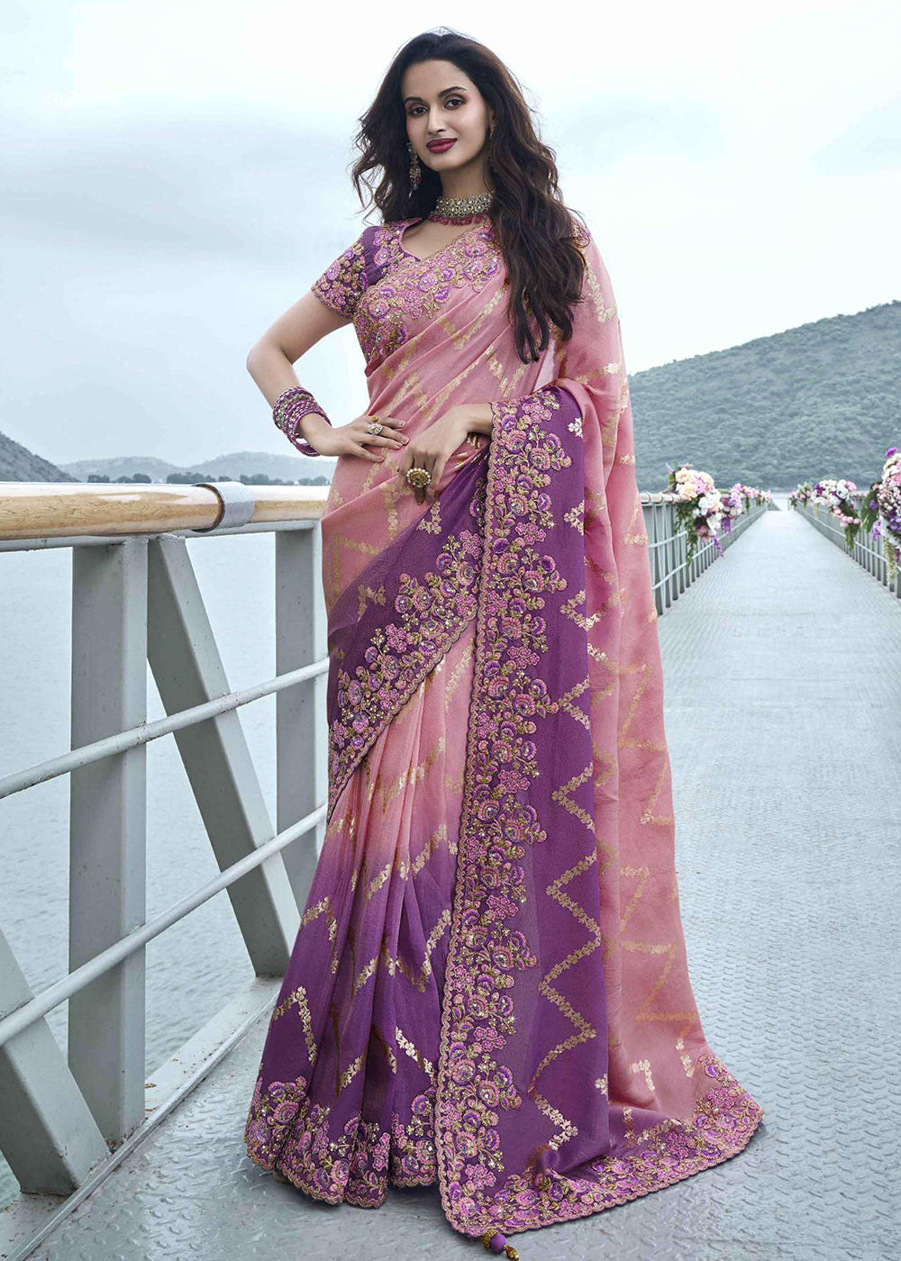 Buy Now Pink & Purple Viscose Silk Embroidered Designer Wedding Saree Online in USA, UK, France, Germany, UAE, Canada & Worldwide at Empress Clothing.