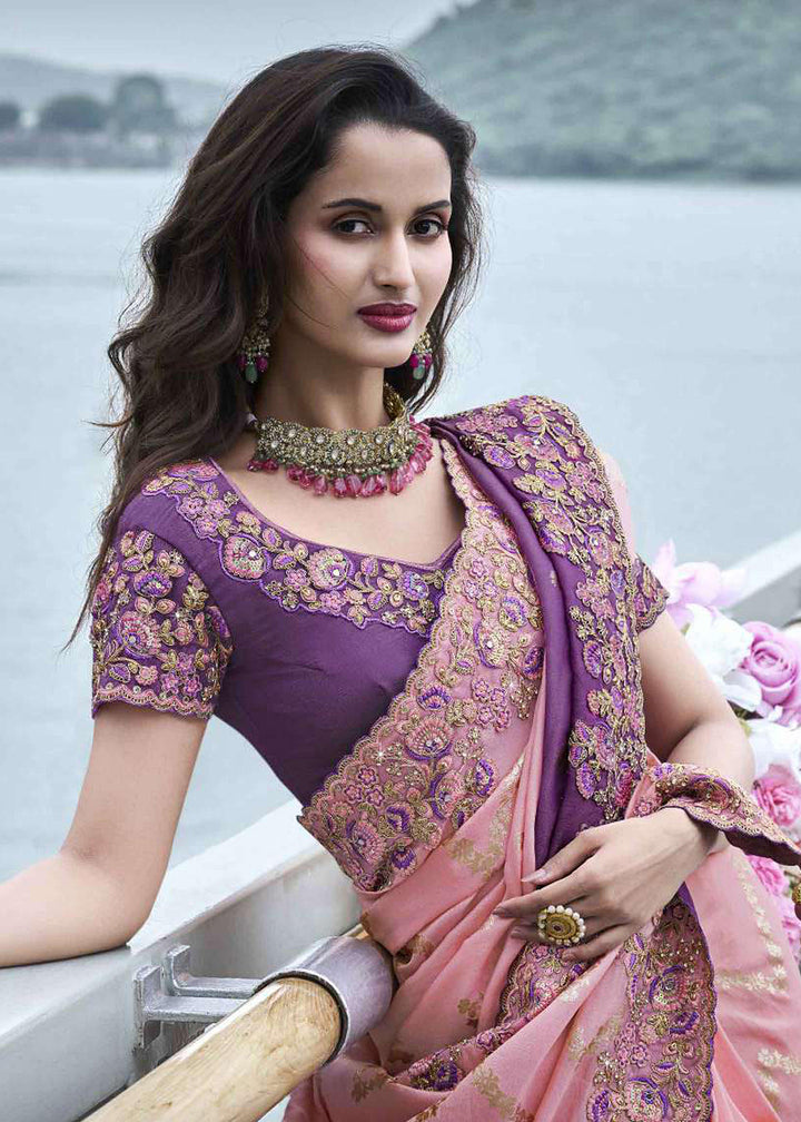 Buy Now Pink & Purple Viscose Silk Embroidered Designer Wedding Saree Online in USA, UK, France, Germany, UAE, Canada & Worldwide at Empress Clothing.