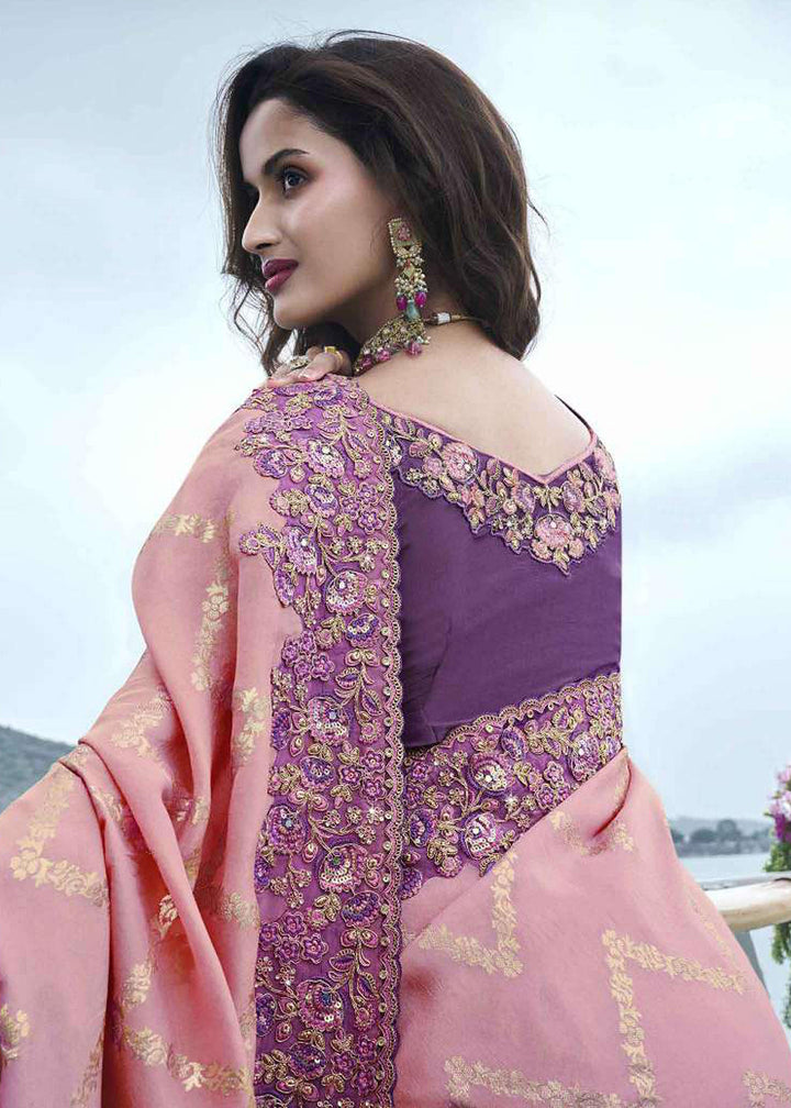 Buy Now Pink & Purple Viscose Silk Embroidered Designer Wedding Saree Online in USA, UK, France, Germany, UAE, Canada & Worldwide at Empress Clothing.