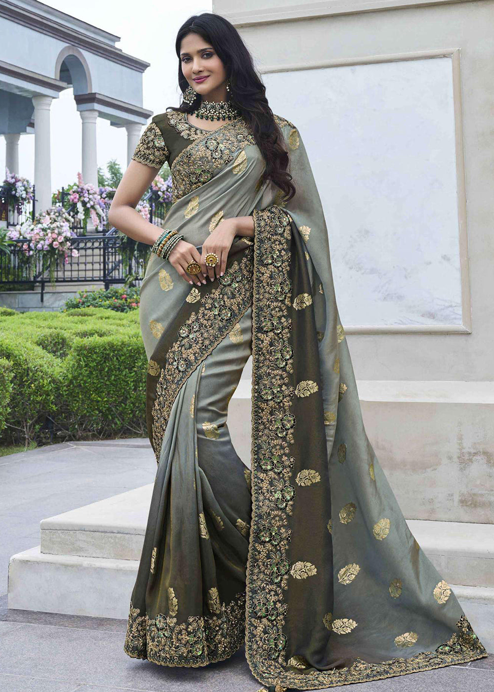 Buy Now Grey Viscose Silk Embroidered Designer Wedding Saree Online in USA, UK, France, Germany, UAE, Canada & Worldwide at Empress Clothing.