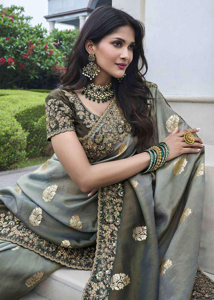 Buy Now Grey Viscose Silk Embroidered Designer Wedding Saree Online in USA, UK, France, Germany, UAE, Canada & Worldwide at Empress Clothing.