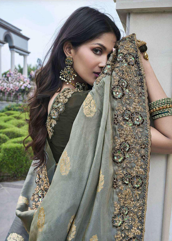 Buy Now Grey Viscose Silk Embroidered Designer Wedding Saree Online in USA, UK, France, Germany, UAE, Canada & Worldwide at Empress Clothing.