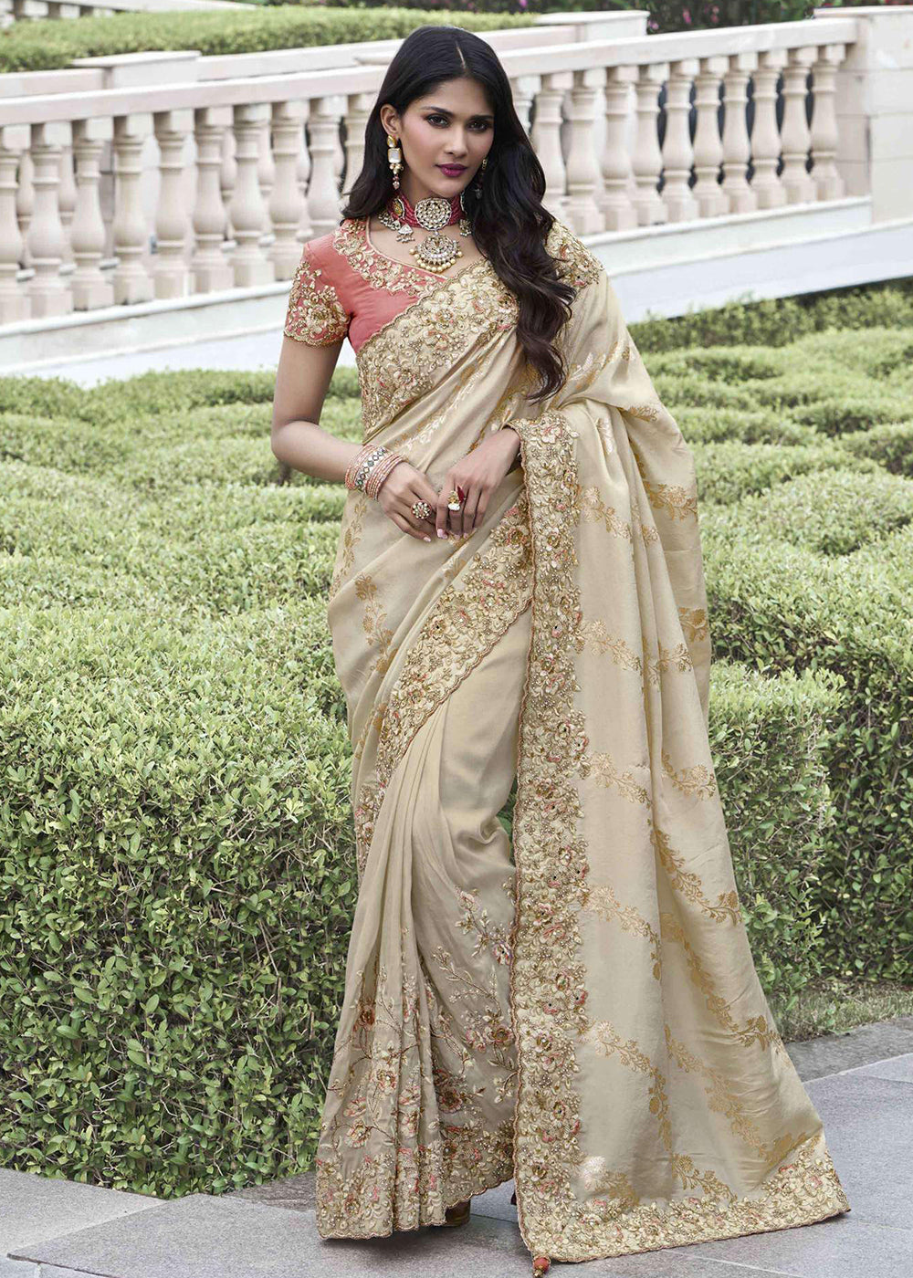 Buy Now Ivory Viscose Silk Embroidered Designer Wedding Saree Online in Canada, UK, France, Germany, UAE, USA & Worldwide at Empress Clothing.