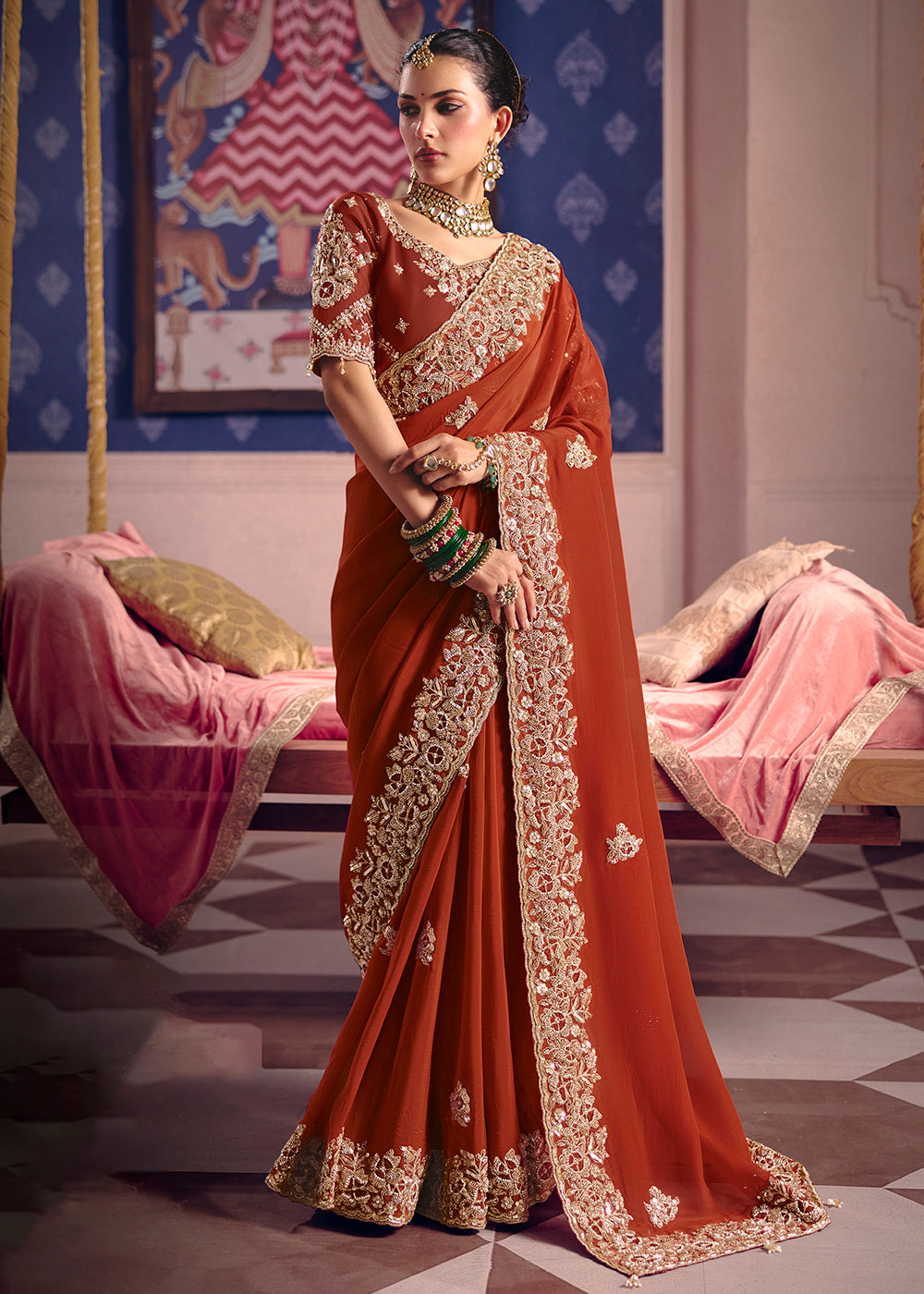 Buy Now Rust Premium Tissue Zari Embroidered Designer Saree Online in US, UK, Canada, France, Germany, Denmark, Netherland, Sweden, UAE & Worldwide at Empress.