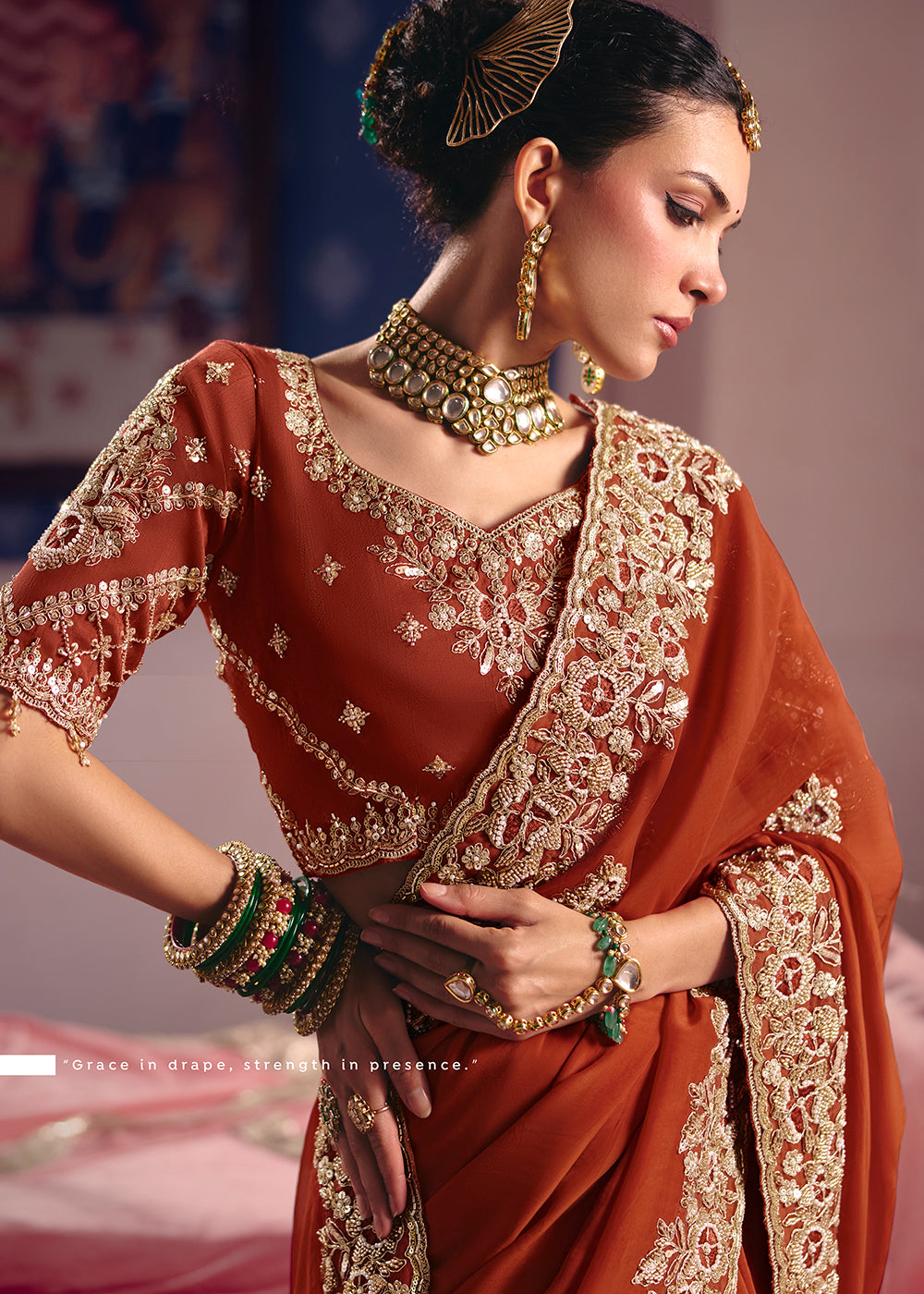 Buy Now Rust Premium Tissue Zari Embroidered Designer Saree Online in US, UK, Canada, France, Germany, Denmark, Netherland, Sweden, UAE & Worldwide at Empress.