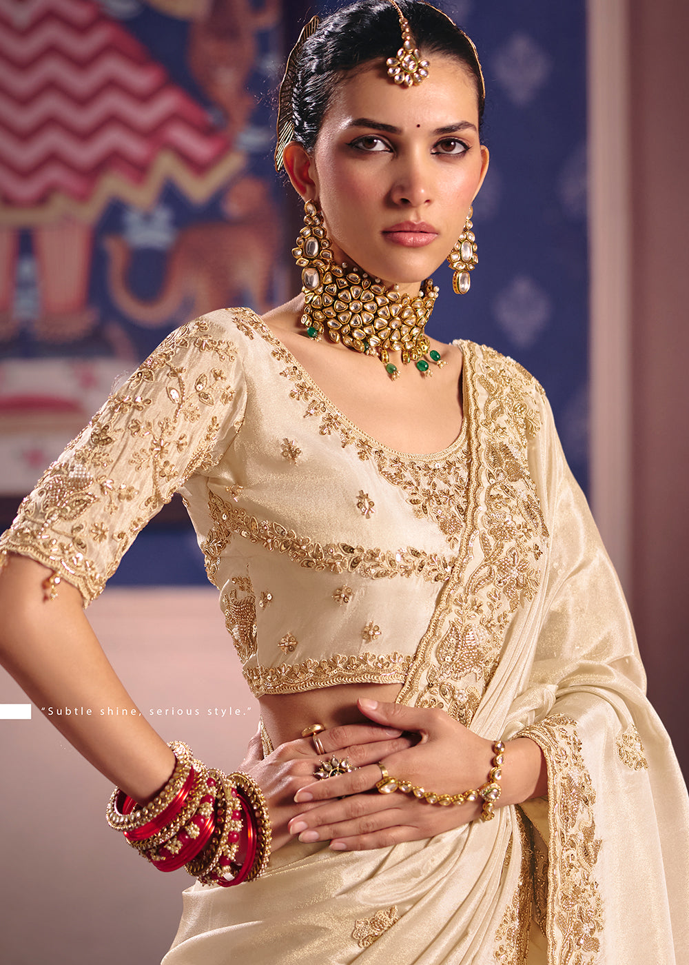 Buy Now Cream Premium Tissue Zari Embroidered Designer Saree Online in US, UK, Canada, France, Germany, Denmark, Netherland, Sweden, UAE & Worldwide at Empress.