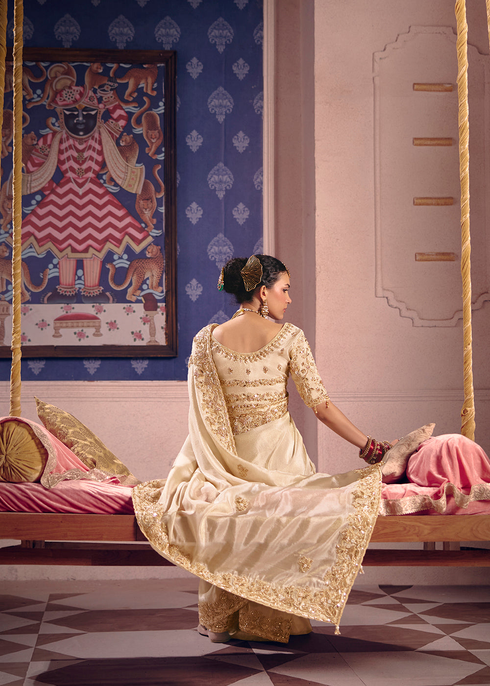 Buy Now Cream Premium Tissue Zari Embroidered Designer Saree Online in US, UK, Canada, France, Germany, Denmark, Netherland, Sweden, UAE & Worldwide at Empress.