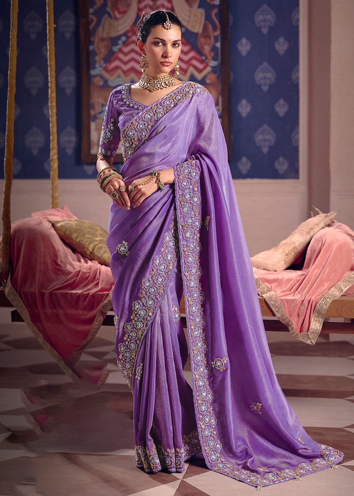 Buy Now Lavender Premium Tissue Zari Embroidered Designer Saree Online in US, UK, Canada, France, Germany, Denmark, Netherland, Sweden & Worldwide at Empress.