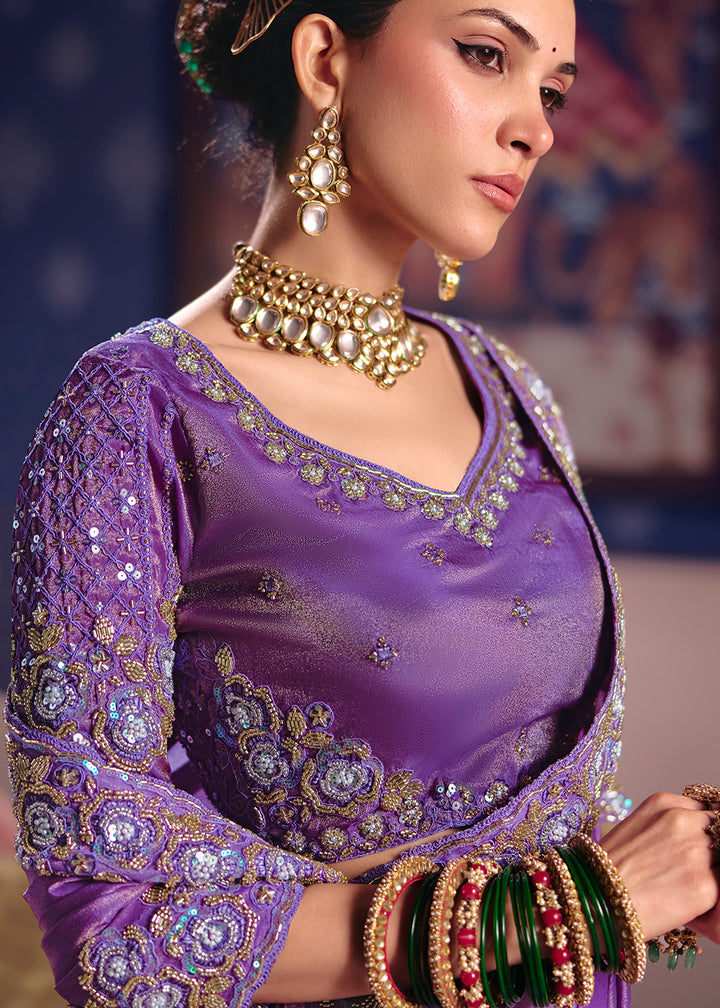 Buy Now Lavender Premium Tissue Zari Embroidered Designer Saree Online in US, UK, Canada, France, Germany, Denmark, Netherland, Sweden & Worldwide at Empress.