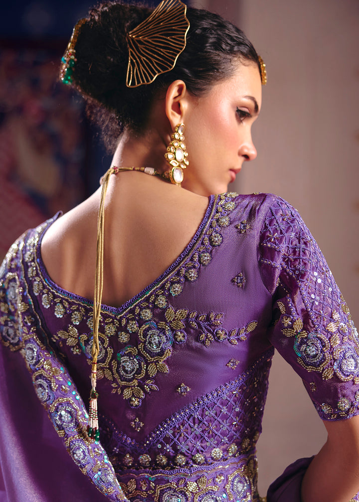 Buy Now Lavender Premium Tissue Zari Embroidered Designer Saree Online in US, UK, Canada, France, Germany, Denmark, Netherland, Sweden & Worldwide at Empress.