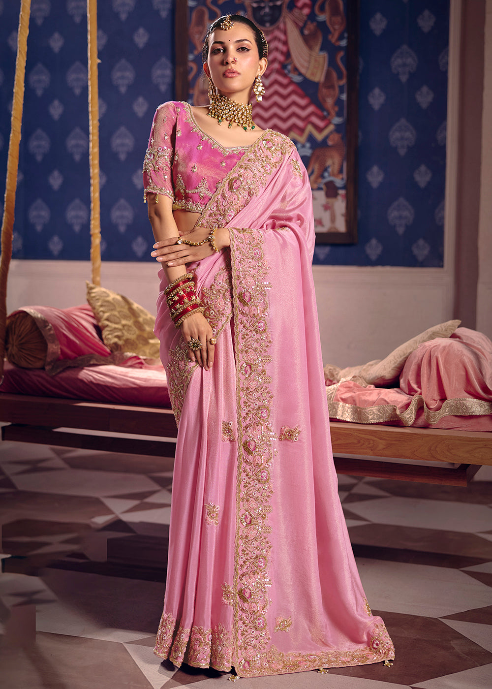 Buy Now Pink Premium Tissue Zari Embroidered Designer Saree Online in US, UK, Canada, France, Germany, Denmark, Netherland, Sweden, UAE & Worldwide at Empress.