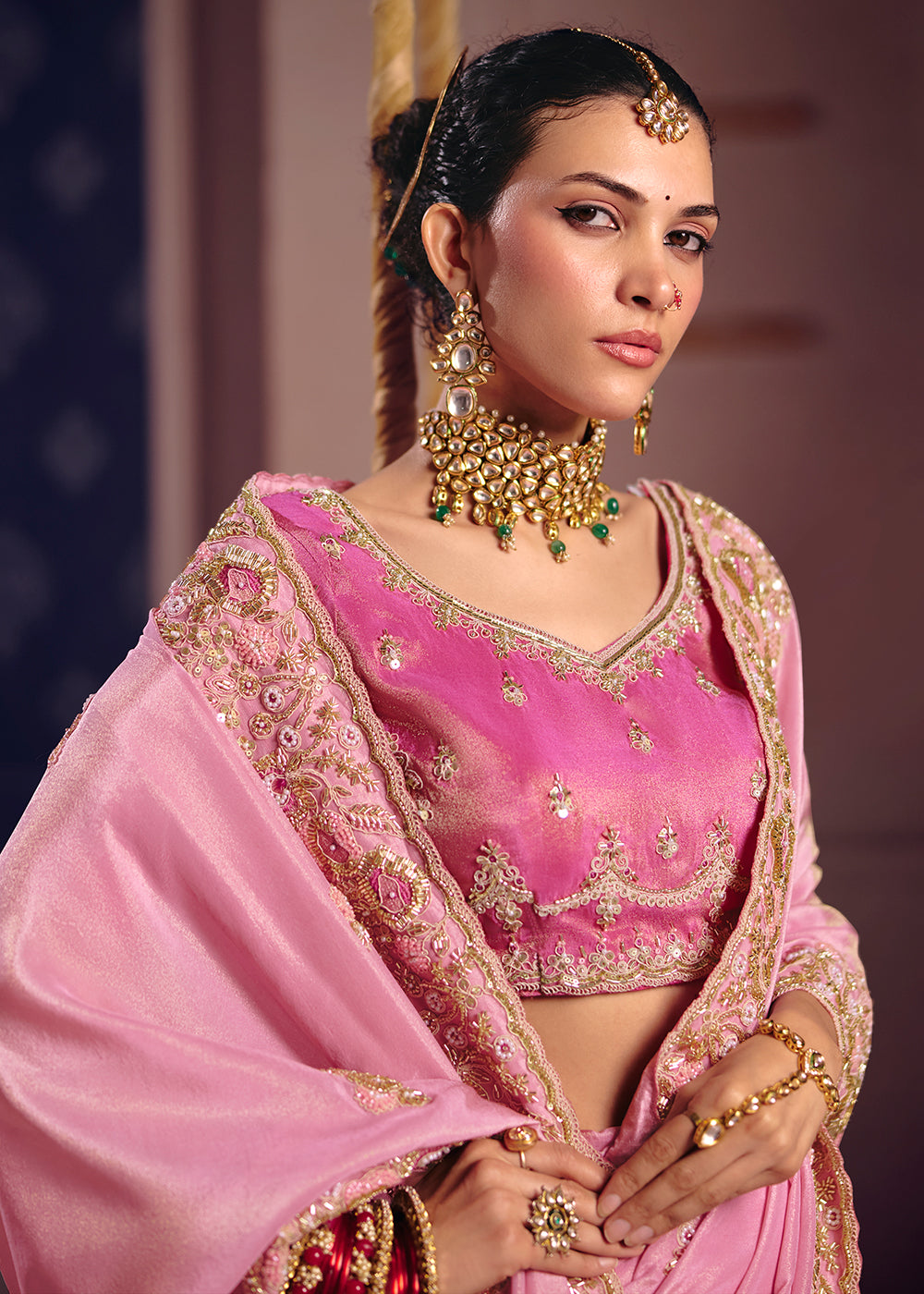 Buy Now Pink Premium Tissue Zari Embroidered Designer Saree Online in US, UK, Canada, France, Germany, Denmark, Netherland, Sweden, UAE & Worldwide at Empress.