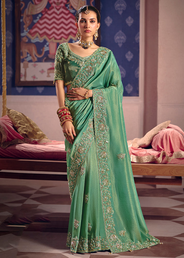 Buy Now Green Premium Tissue Zari Embroidered Designer Saree Online in US, UK, Canada, France, Germany, Denmark, Netherland, Sweden, UAE & Worldwide at Empress.