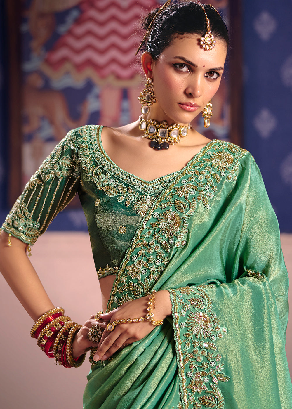 Buy Now Green Premium Tissue Zari Embroidered Designer Saree Online in US, UK, Canada, France, Germany, Denmark, Netherland, Sweden, UAE & Worldwide at Empress.