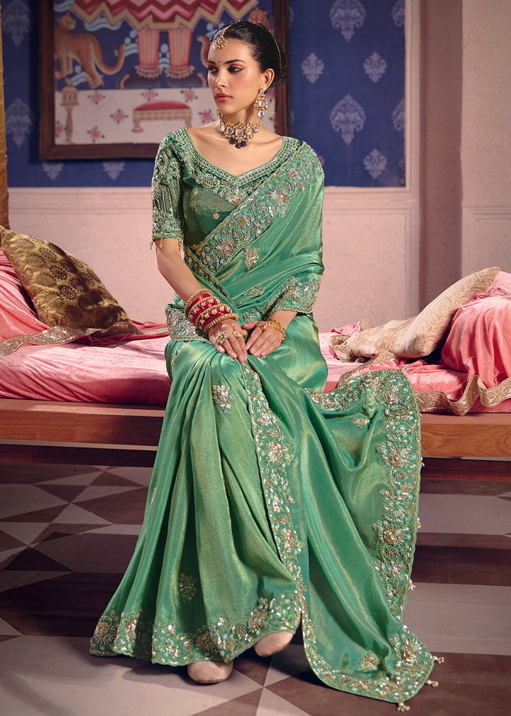 Buy Now Green Premium Tissue Zari Embroidered Designer Saree Online in US, UK, Canada, France, Germany, Denmark, Netherland, Sweden, UAE & Worldwide at Empress.
