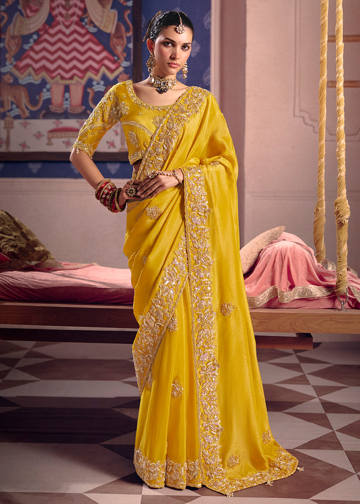 Buy Now Mustard Premium Tissue Zari Embroidered Designer Saree Online in US, UK, Canada, France, Germany, Denmark, Netherland, Sweden & Worldwide at Empress.