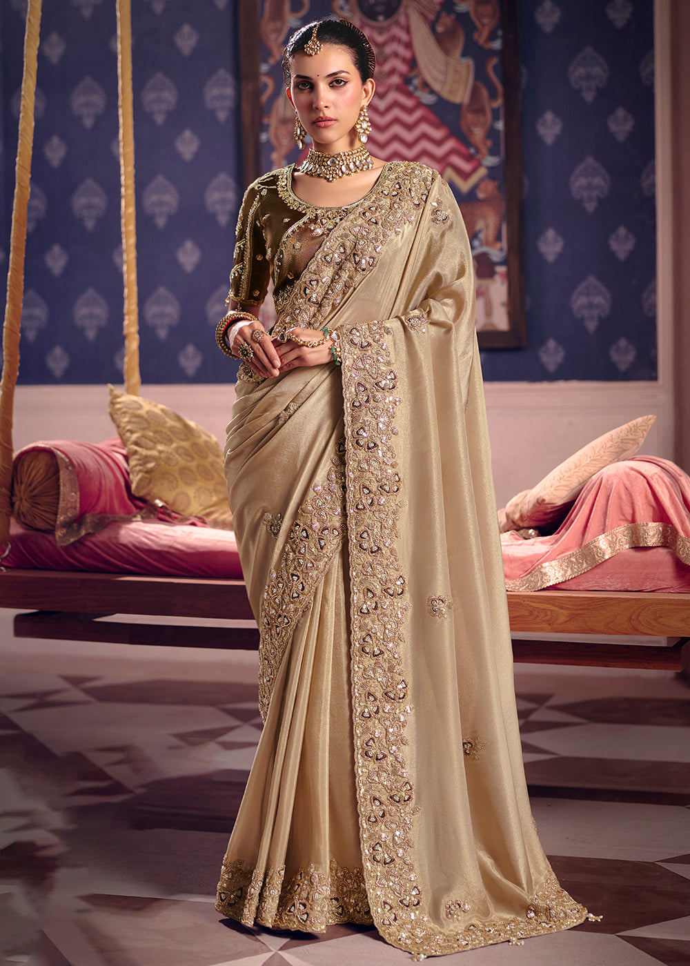 Buy Now Beige Premium Tissue Zari Embroidered Designer Saree Online in US, UK, Canada, France, Germany, Denmark, Netherland, Sweden, UAE & Worldwide at Empress.