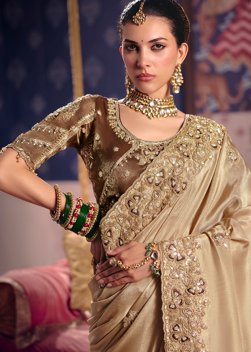 Buy Now Beige Premium Tissue Zari Embroidered Designer Saree Online in US, UK, Canada, France, Germany, Denmark, Netherland, Sweden, UAE & Worldwide at Empress.