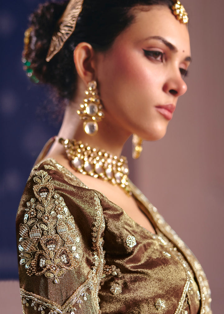 Buy Now Beige Premium Tissue Zari Embroidered Designer Saree Online in US, UK, Canada, France, Germany, Denmark, Netherland, Sweden, UAE & Worldwide at Empress.