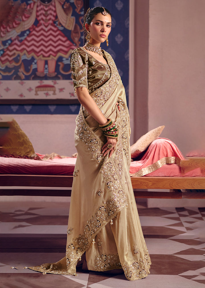Buy Now Beige Premium Tissue Zari Embroidered Designer Saree Online in US, UK, Canada, France, Germany, Denmark, Netherland, Sweden, UAE & Worldwide at Empress.