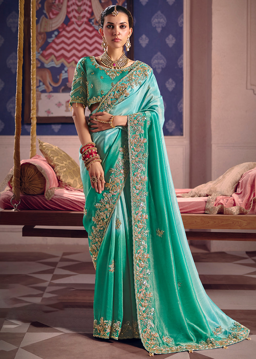 Buy Now Aqua Premium Tissue Zari Embroidered Designer Saree Online in US, UK, Canada, France, Germany, Denmark, Netherland, Sweden, UAE & Worldwide at Empress.