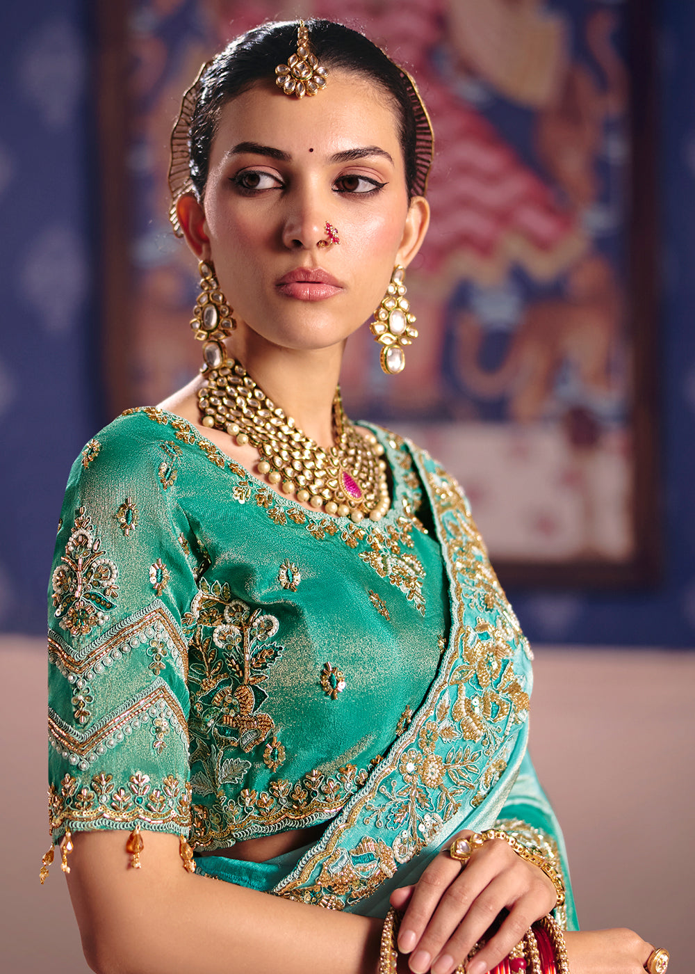 Buy Now Aqua Premium Tissue Zari Embroidered Designer Saree Online in US, UK, Canada, France, Germany, Denmark, Netherland, Sweden, UAE & Worldwide at Empress.