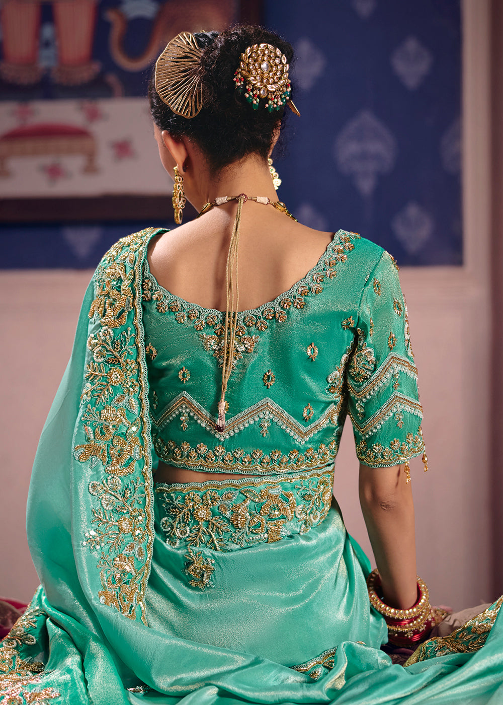 Buy Now Aqua Premium Tissue Zari Embroidered Designer Saree Online in US, UK, Canada, France, Germany, Denmark, Netherland, Sweden, UAE & Worldwide at Empress.