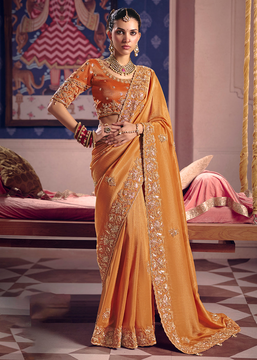 Buy Now Orange Premium Tissue Zari Embroidered Designer Saree Online in US, UK, Canada, France, Germany, Denmark, Netherland, Sweden, UAE & Worldwide at Empress.