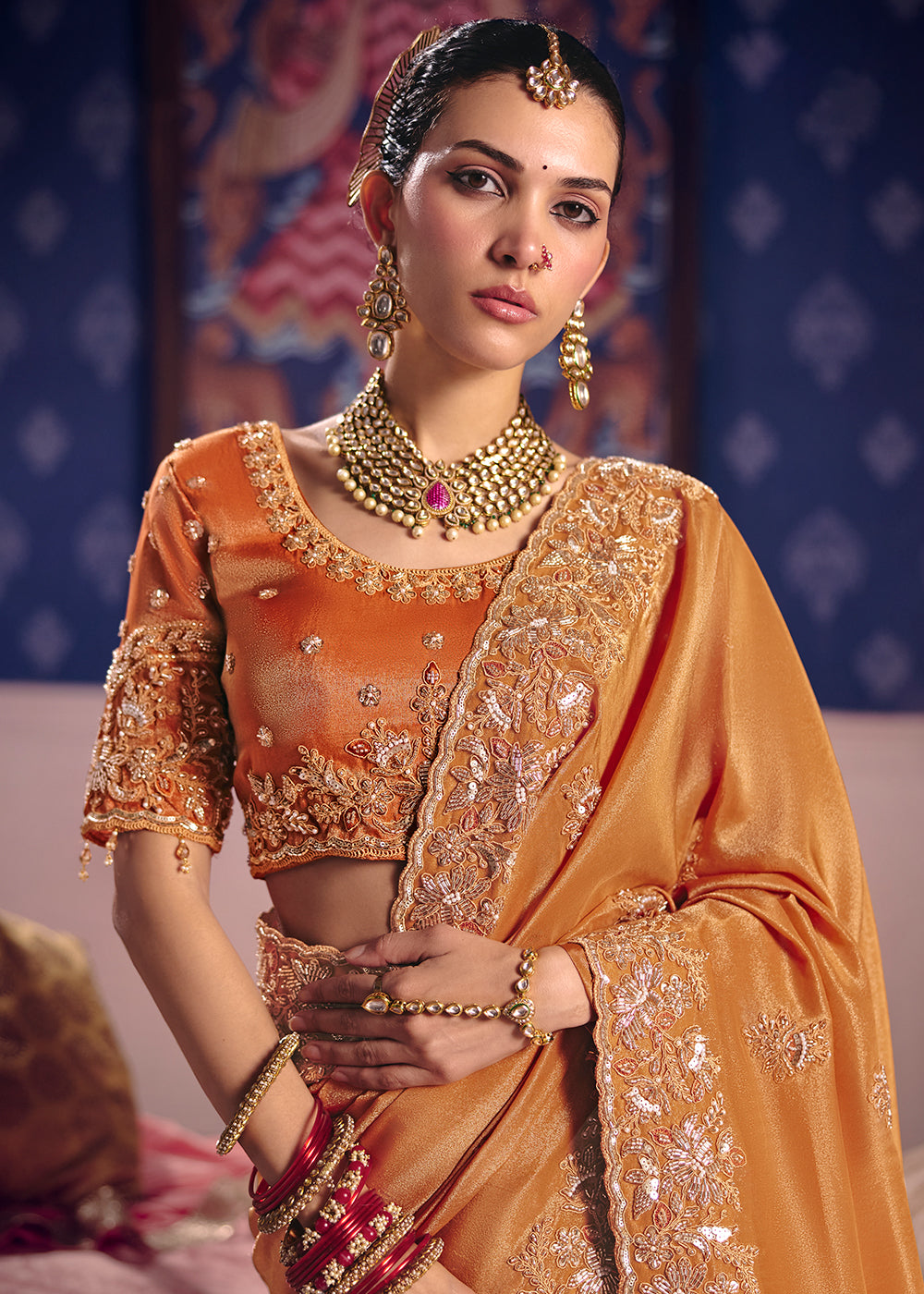 Buy Now Orange Premium Tissue Zari Embroidered Designer Saree Online in US, UK, Canada, France, Germany, Denmark, Netherland, Sweden, UAE & Worldwide at Empress.