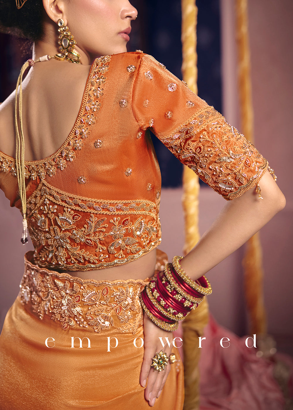 Buy Now Orange Premium Tissue Zari Embroidered Designer Saree Online in US, UK, Canada, France, Germany, Denmark, Netherland, Sweden, UAE & Worldwide at Empress.