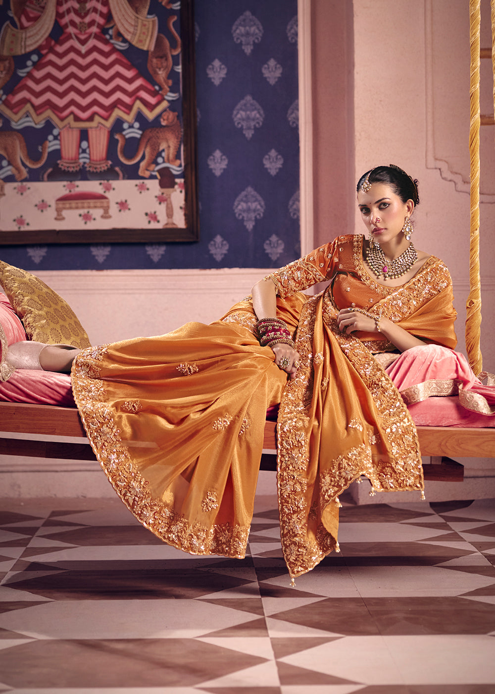 Buy Now Orange Premium Tissue Zari Embroidered Designer Saree Online in US, UK, Canada, France, Germany, Denmark, Netherland, Sweden, UAE & Worldwide at Empress.