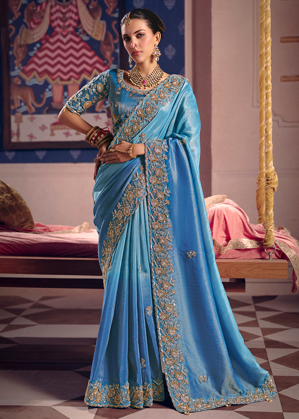 Buy Now Blue Premium Tissue Zari Embroidered Designer Saree Online in US, UK, Canada, France, Germany, Denmark, Netherland, Sweden, UAE & Worldwide at Empress.
