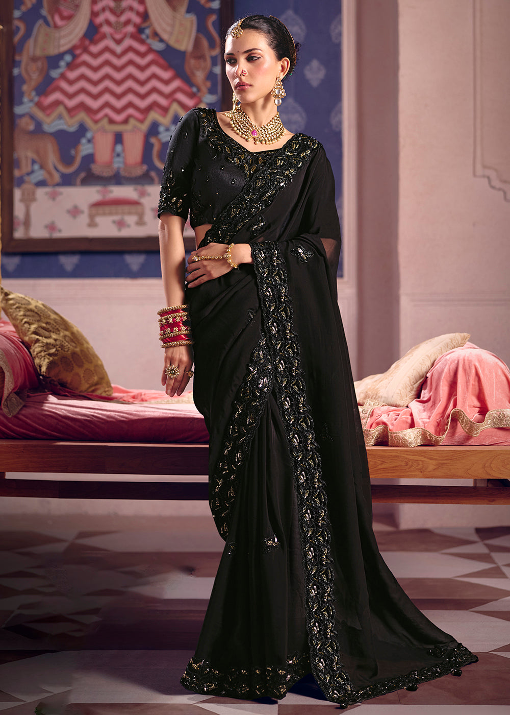 Buy Now Black Premium Tissue Zari Embroidered Designer Saree Online in US, UK, Canada, France, Germany, Denmark, Netherland, Sweden, UAE & Worldwide at Empress.