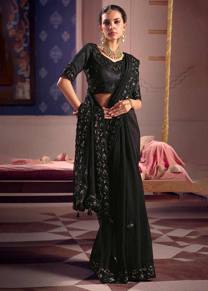 Buy Now Black Premium Tissue Zari Embroidered Designer Saree Online in US, UK, Canada, France, Germany, Denmark, Netherland, Sweden, UAE & Worldwide at Empress.
