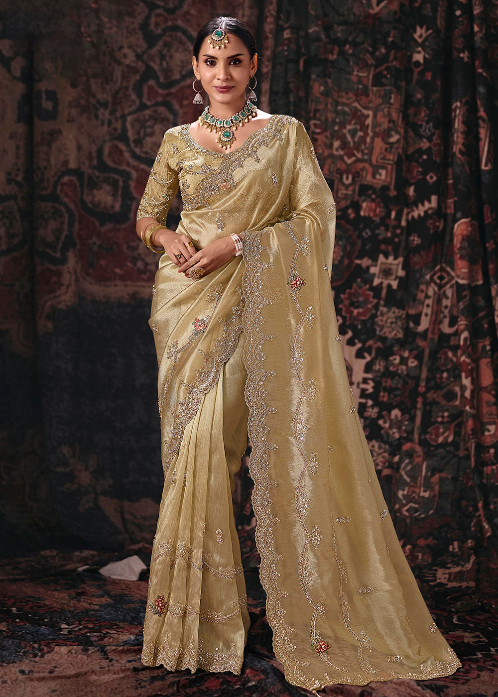 Buy Now Golden Heavy Designer Embroidery Wedding Wear Saree at Online in US, UK, Canada, France, Germany, Denmark, Sweden, Australia, UAE &amp; Worldwide at Empress.