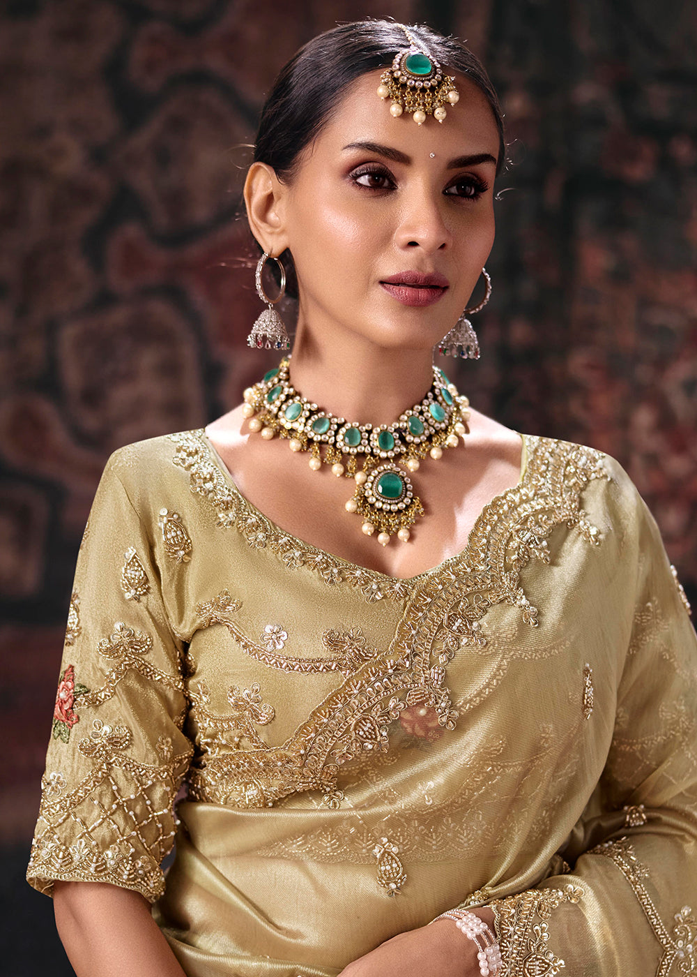 Buy Now Golden Heavy Designer Embroidery Wedding Wear Saree at Online in US, UK, Canada, France, Germany, Denmark, Sweden, Australia, UAE & Worldwide at Empress.