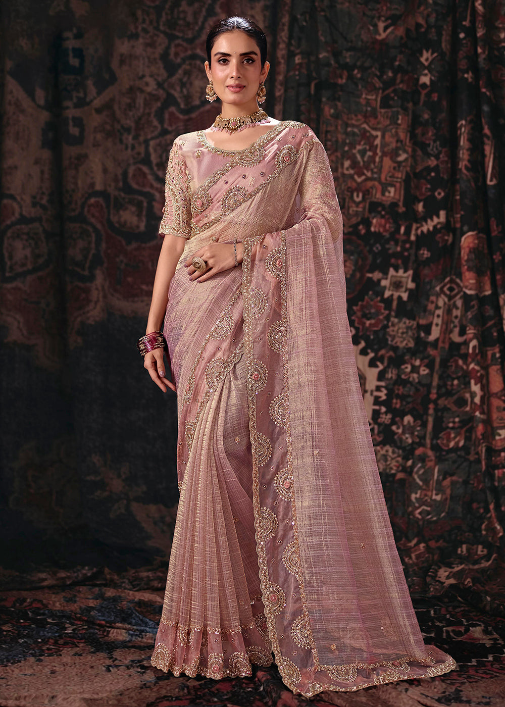 Buy Now Pink Heavy Designer Embroidery Wedding Wear Saree at Online in US, UK, Canada, France, Germany, Denmark, Sweden, Australia, UAE &amp; Worldwide at Empress.