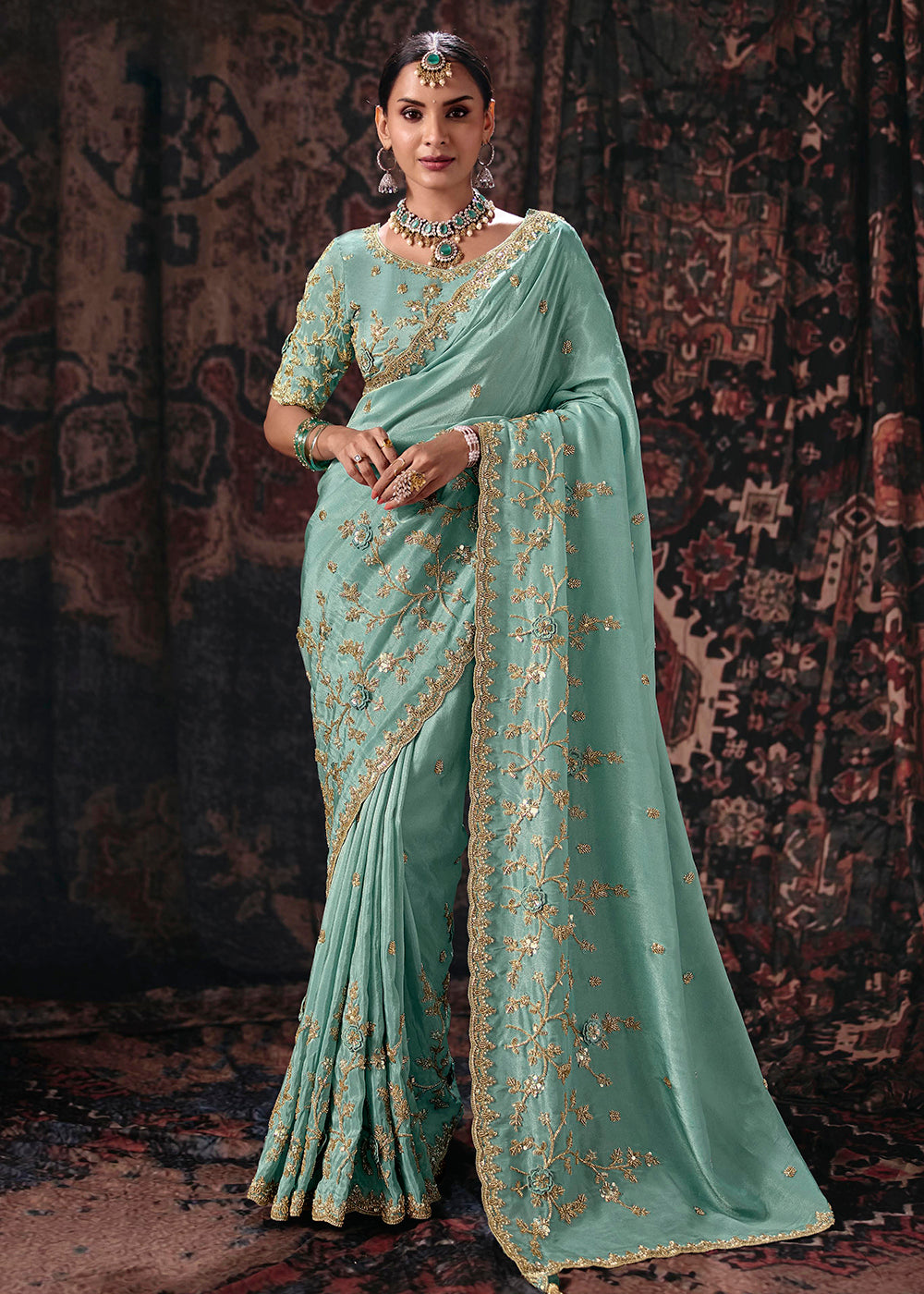 Buy Now Sky Blue Heavy Designer Embroidery Wedding Wear Saree at Online in US, UK, Canada, France, Germany, Denmark, Sweden, Australia &amp; Worldwide at Empress.