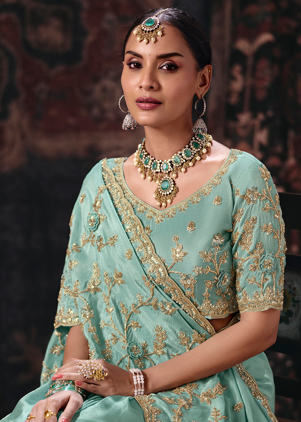 Buy Now Sky Blue Heavy Designer Embroidery Wedding Wear Saree at Online in US, UK, Canada, France, Germany, Denmark, Sweden, Australia &amp; Worldwide at Empress.