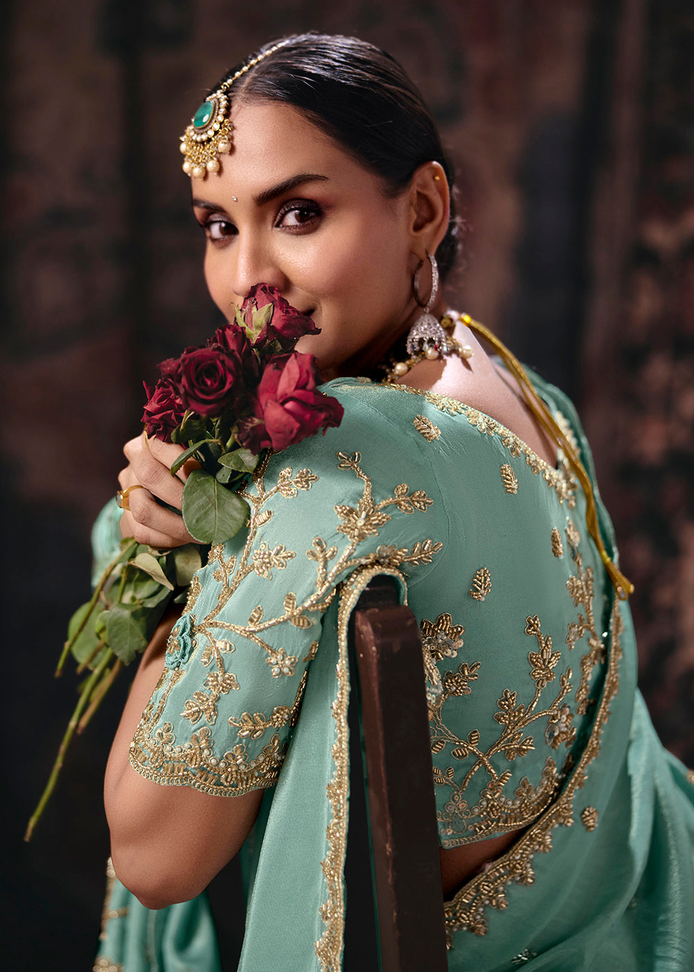 Buy Now Sky Blue Heavy Designer Embroidery Wedding Wear Saree at Online in US, UK, Canada, France, Germany, Denmark, Sweden, Australia &amp; Worldwide at Empress.