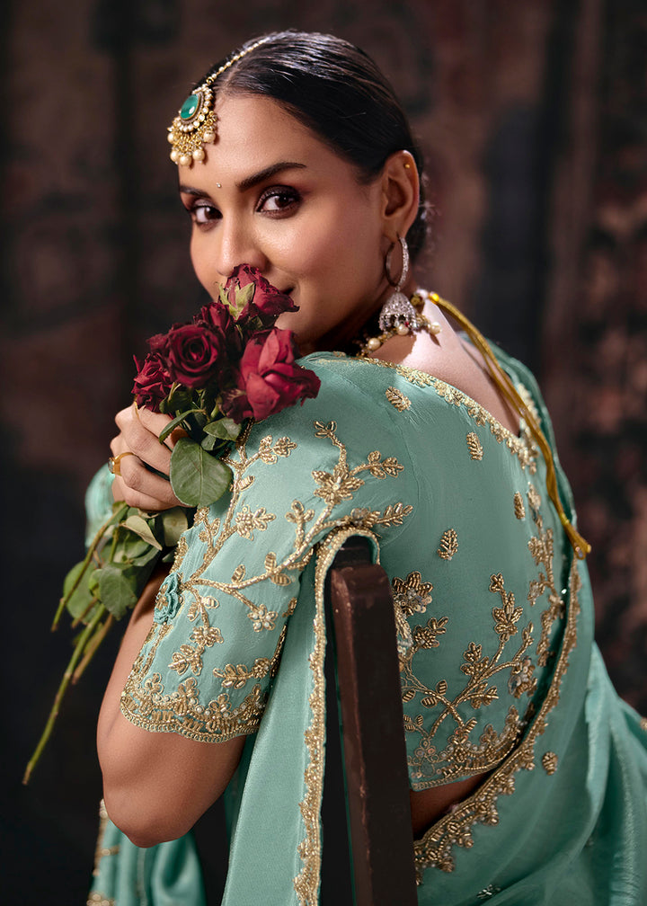 Buy Now Sky Blue Heavy Designer Embroidery Wedding Wear Saree at Online in US, UK, Canada, France, Germany, Denmark, Sweden, Australia &amp; Worldwide at Empress.