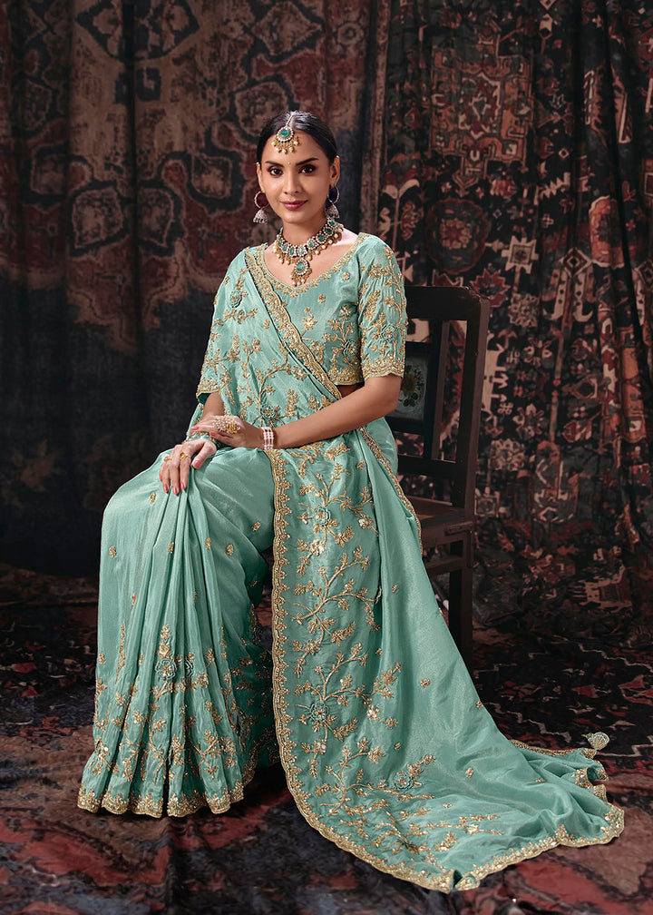 Buy Now Sky Blue Heavy Designer Embroidery Wedding Wear Saree at Online in US, UK, Canada, France, Germany, Denmark, Sweden, Australia &amp; Worldwide at Empress.