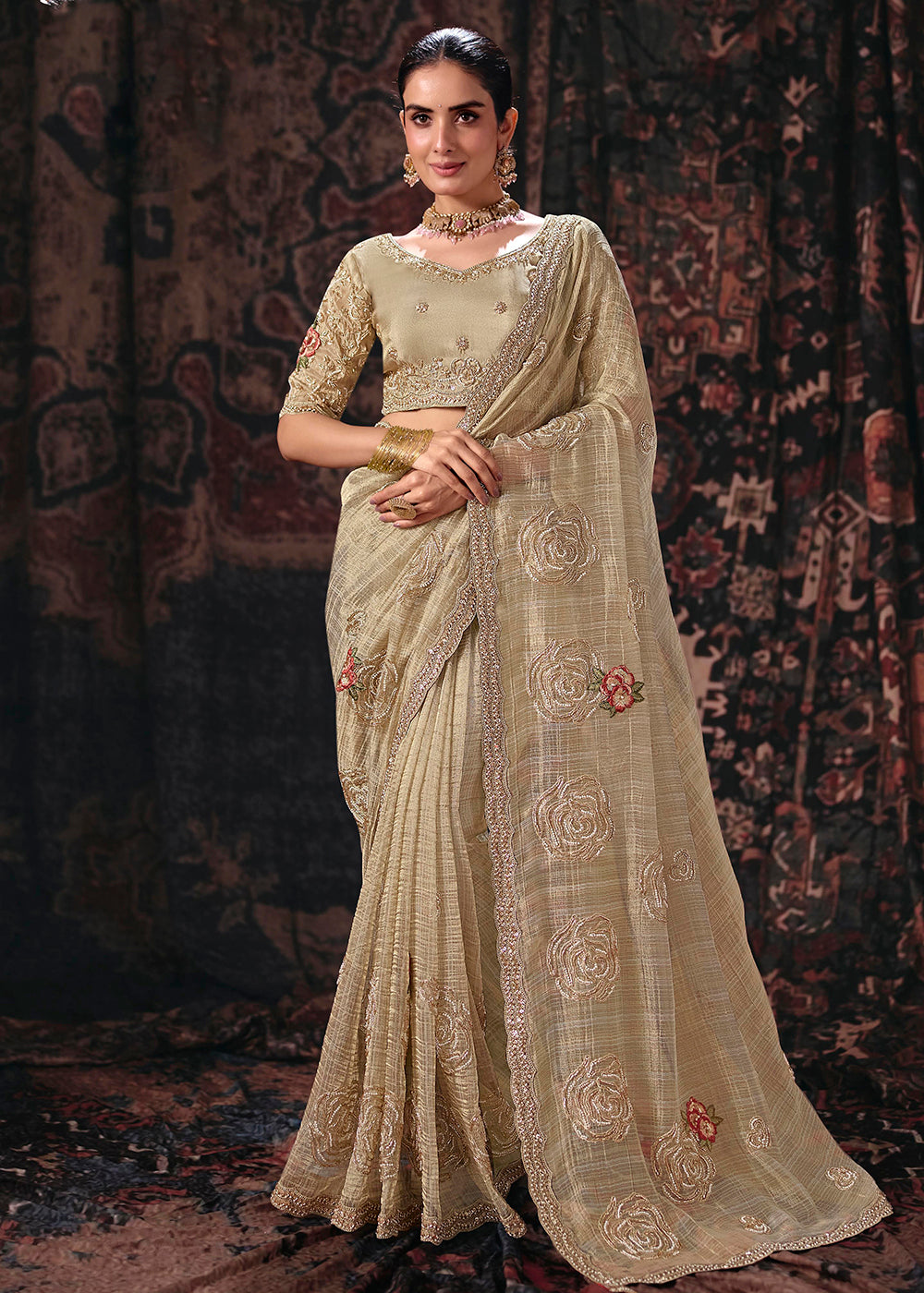 Buy Now Beige Heavy Designer Embroidery Wedding Wear Saree at Online in US, UK, Canada, France, Germany, Denmark, Sweden, Australia, UAE &amp; Worldwide at Empress.